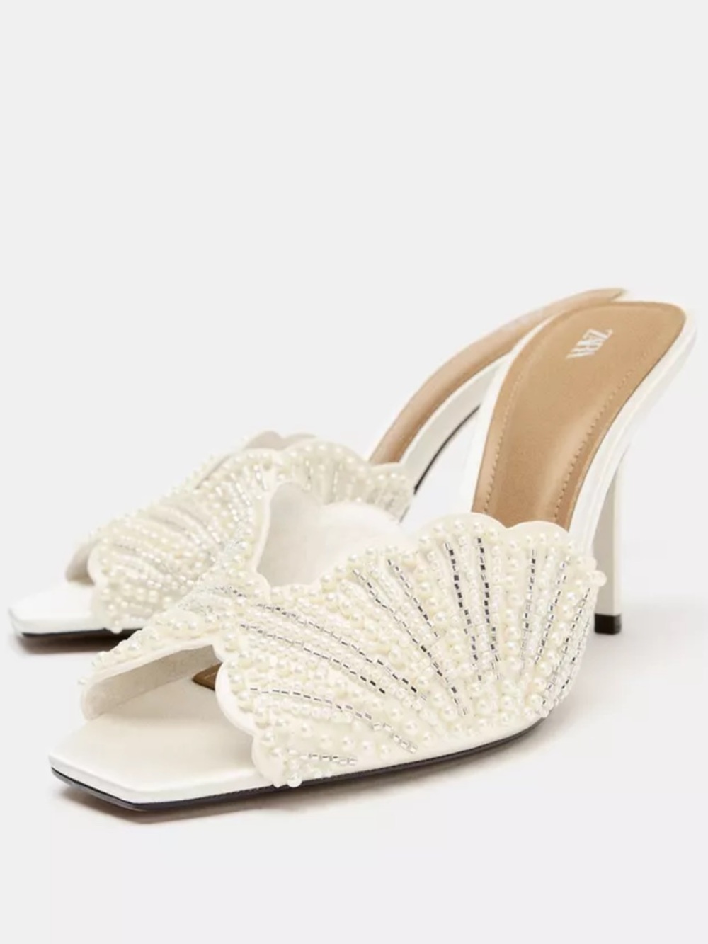 Zara Pearl Bow Embellished Slingback Heels Ivory Size 40 US 9